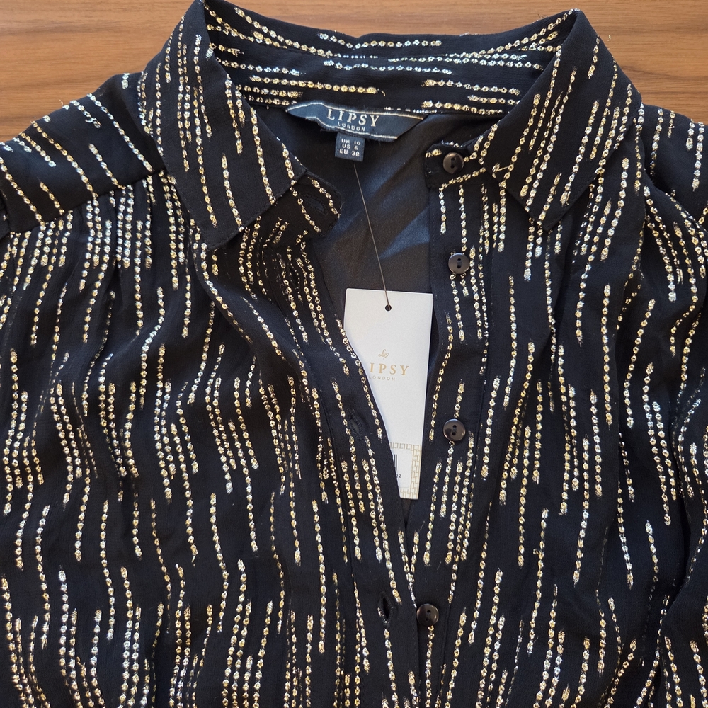 New Lipsy London Metallic Stripe Shirt Dress Black, NWT Gold Silver, Size 6 - Picture 5 of 6